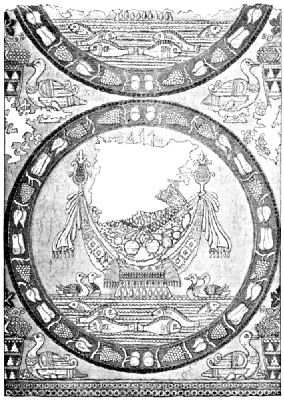 Ducks and fish in a circular motif bordered with fruit