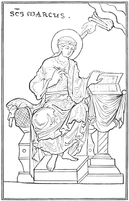 St. Mark sits with a stylus in hand, looking at a document