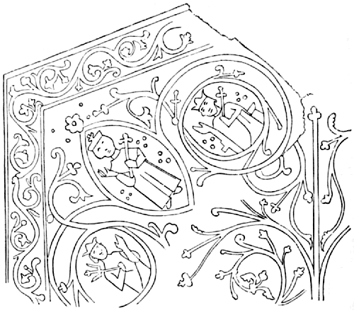 Figures surrounded with curving vines, and a vine border