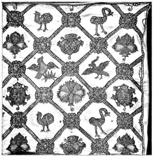 Criss-cross patterns form diamonds, in the centre of each is a bird or plant motif