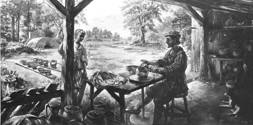 Pottery-making as it may have been done in the early
years at Jamestown where such work was carried on. A painting by Sidney
King for Colonial National Historical Park.