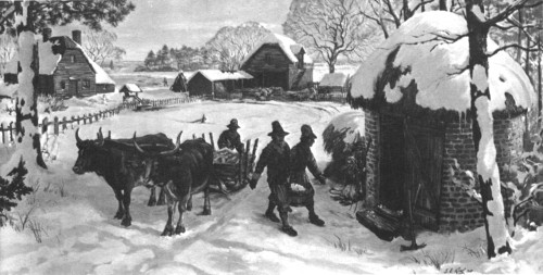 A winter scene suggestive of life on Jamestown Island
about 1625. From a painting by Sidney King for Colonial National
Historical Park.