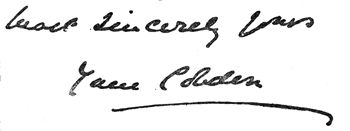 Autograph: "Most sincerely yours, Jane Cobden"