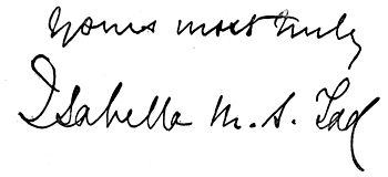 Autograph: "Yours most truly, Isabella M. S. Tod"