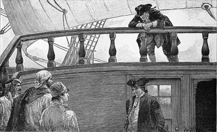 THE THREE FELLOWS WERE BROUGHT AFT TO THE QUARTER-DECK, WHERE CAPTAIN CROKER STOOD, JUST BELOW THE RAIL OF THE DECK ABOVE.