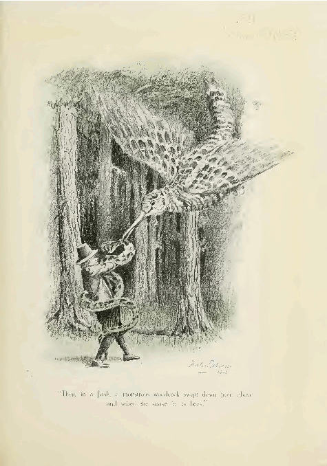 Then, in a flash, a monstrous woodcock swept
down from above and seized the snake in its beak.