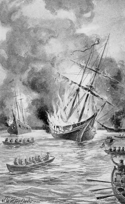 As we pulled away I glanced back at our fleet and saw that the
vessels were well on fire. P. 233.