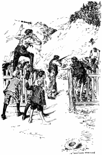 The keeper is firing a rifle at Blant who is running. Nucky is on top of a fense, calling out directions to Blant. Four other boys are watching.