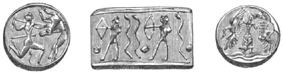 Three different ornaments depicting hunters and their prey