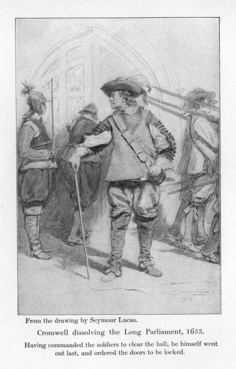 Cromwell dissolving the Long Parliament, 1653.  Having commanded the soldiers to clear the hall, he himself went out last, and ordered the doors to be locked.  From the drawing by Seymour Lucas.