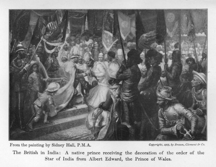 The British in India: A native prince receiving the decoration of the order of the Star of India from Albert Edward, the Prince of Wales.  From the painting by Sydney Hall, P.M.A.