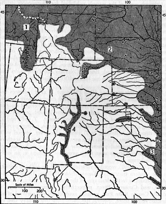 Fig. 1. Map of a part of the United States in the
region of the Great Plains and
Rocky Mountains, and adjacent northwestern Mexico showing supposed range
(shaded) and localities of authenticated occurrence (dots) of Thamnophis
sirtalis.