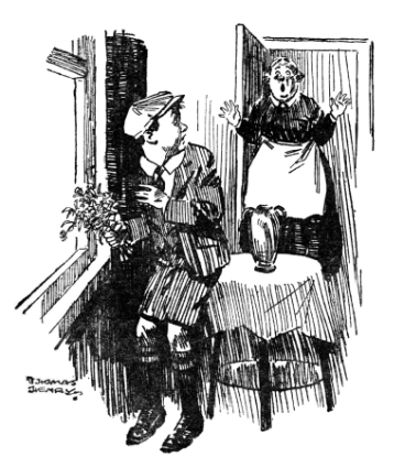 William standing at the window with the flowers in his hand, with a
shocked woman standing in the doorway.