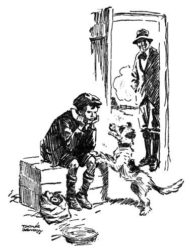 A man standing in the doorway watching William and Jumble.