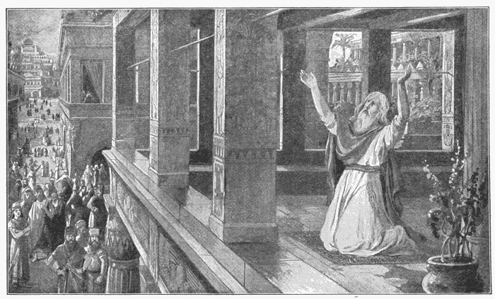 Daniel Praying In Babylon. "When Daniel knew that the writing was signed, ... he kneeled upon his knees three times a day, and prayed, ... as he did aforetime." Dan. 6:10. Illustration.