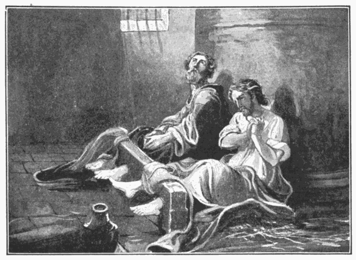 Paul And Silas In Prison. "These men, being Jews, ... teach customs, which are not lawful for us ... to observe, being Romans." Acts 16:20, 21. Illustration.
