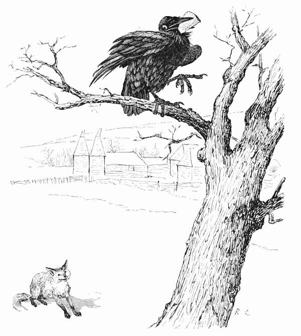 A crow sits in a tree with some cheese while a fox watches.