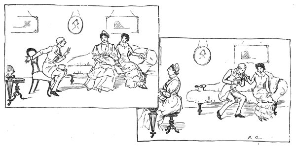 Frame 1: A man convinces an older woman to play the piano for him. Frame 2: The man kisses the hand of the girl that the older woman had been sitting with.