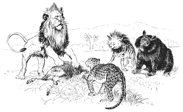 A lion dividing a stag while three other beasts look on.