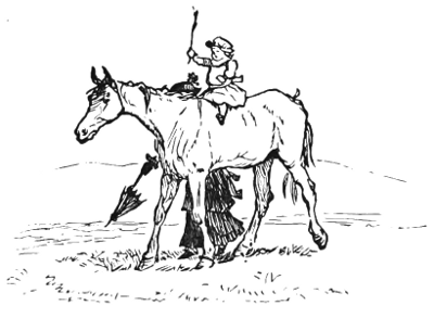 A child driving a horse with a toy whip.