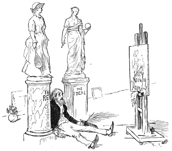 An exasperated painter gives up on his painting. He sits under two statues of women. One is titled 'the real' and the other is titled 'the ideal.' He has written 'Namby Pamby' on his painting.