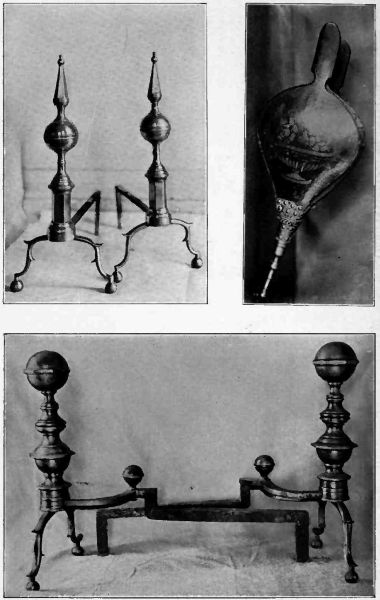 Plate XIX.—Middleton House Steeple Top Andirons, and Bellows; Southern Andirons, Atkinson Collection.