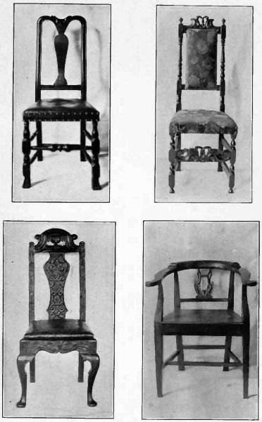 Plate XXIV.—Queen Anne, Fiddle Back; Queen Anne, stuffed chair; Dutch Chair, carved; Empire Lyre-backed Roundabout on Chippendale lines, 1825.