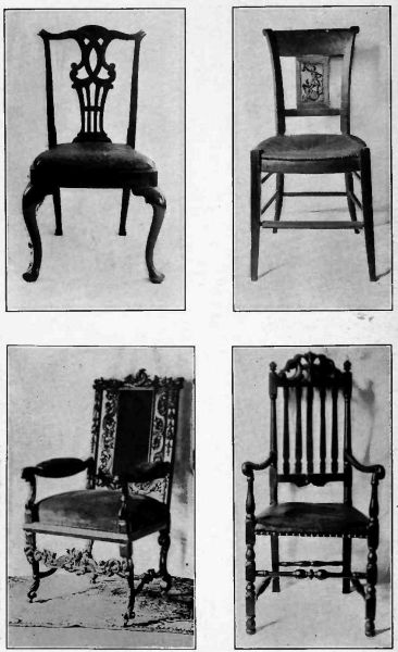Plate XXV.—Chippendale, Lord Timothy Dexter's Collection, H. P. Benson; French Chair, showing Empire influence; Flemish Chair; Banister-back Chair.