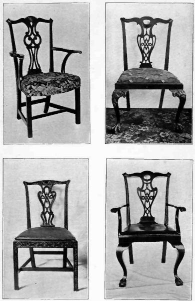Plate XXVI.—Chippendale Arm Chair, showing straight, square legs; Chippendale Chair; Chippendale, one of a set of six, showing Rosette design; Chippendale Arm Chair with Cabriole legs, Ball and Claw feet.