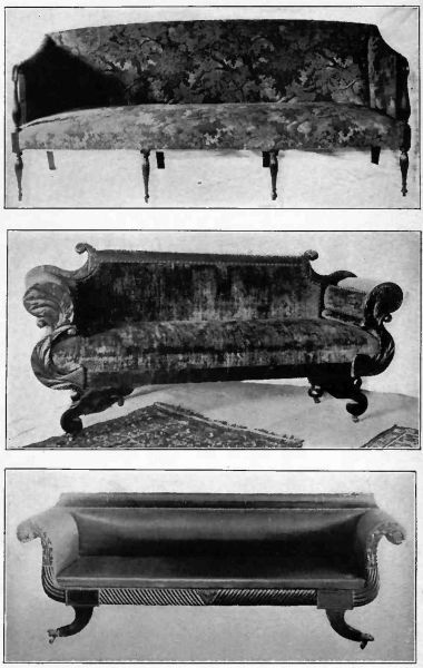 Plate XXIX.—Sheraton, about 1800; Sofa, about 1820; Sofa, about 1820, winged legs.