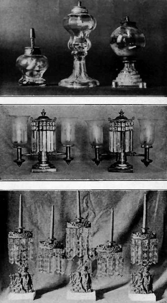Plate XLIX.—Whale Oil Lamps with Wicks; Mantel Lamps, 1815; Paul and Virginia Candelabra.