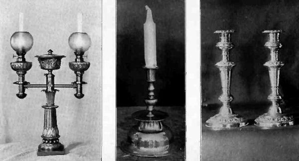 Plate LI.—Colonial Mantel Lamp; Single bedroom brass Candlestick; Sheffield Plate Candlesticks.