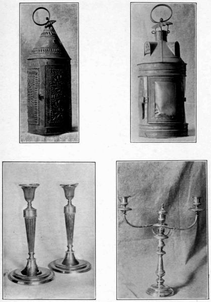 Plate LII.—Pierced, or Paul Revere Lantern; Old Hand Lantern; English Silver Candlesticks; Brass Branching Candlesticks, Chippendale, 1760.