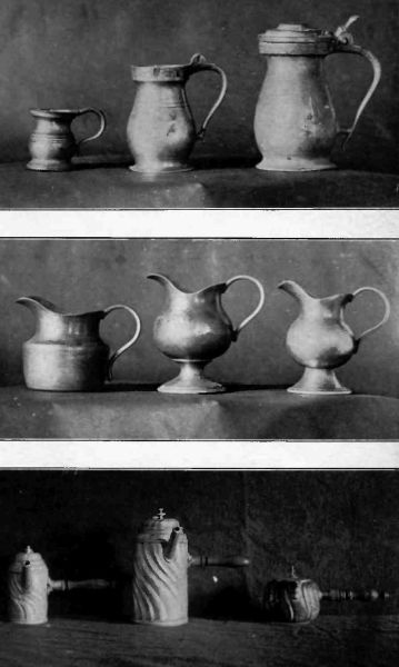 Plate LXI.—Pewter half-pint, pint and quart Measures, one hundred years old; Three unusual-shaped Pewter Cream Jugs; German Pewter, Whorl pattern.