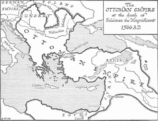 Map: The Ottoman Empire at the death of Suleiman the
 Magnificent, 1566 A.D.