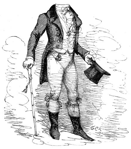 A ghost dressed in tights and tails, holding a top hat and cane.