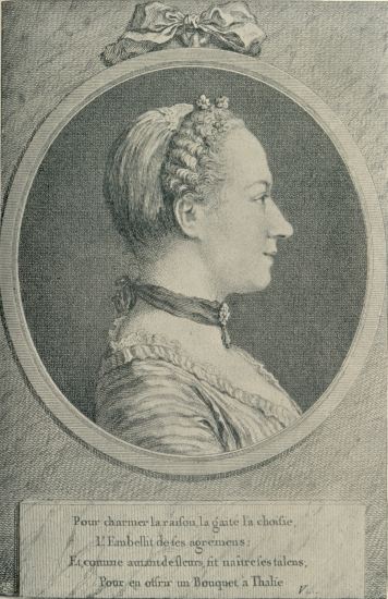 JUSTINE FAVART
From an engraving by J. J. Flipart, after the drawing by Charles Nicolas
Cochin fils