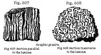 Graphic granite.
Fig. 607: Section parallel to the laminæ. Fig. 608: Section transverse to the laminæ.
