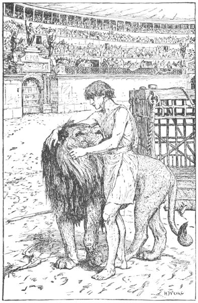 Androcles with his arms around the lion