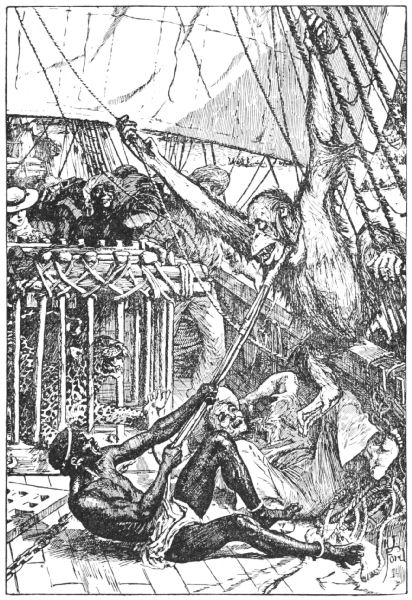A sailor tries to stop the orang-outang hiding in the ship's rigging