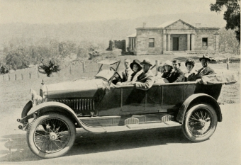 OUR PARTY EN ROUTE TO THE JENOLAN CAVES, JANUARY 20TH, 1921, IN FRONT OF OLD COURT
HOUSE IN WHICH BUSHRANGERS WERE TRIED.