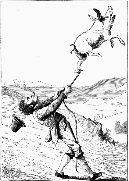 Man holding floating pig by rope