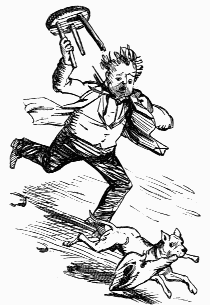 man holding stool chasing dog
