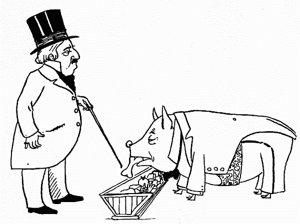 man and pig in suit; pig is eating from a trough