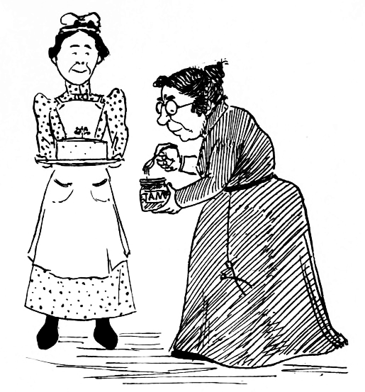 woman and maid bringing jam and cake