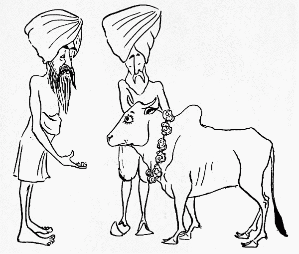 two men in turbans and what looks like a brahma cow with a flowered wreath around its neck