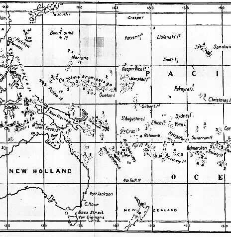 [Illustration:
Map showing distribution of coral-reefs and active volcanoes.]