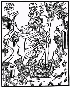 FIG. 2.—St. Christopher, 1423. From Ottley’s “Inquiry
into the Origin and Early History of Engraving upon Copper and in
Wood.”