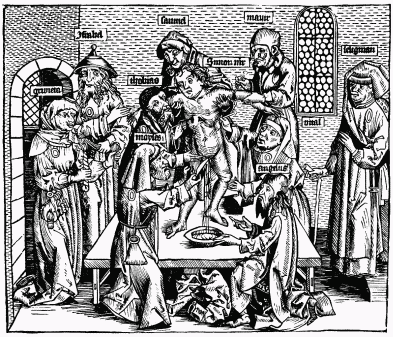 FIG. 12.—Jews Sacrificing a Christian Child. From
Schedel’s “Liber Chronicarum.” Nuremberg, 1493.
