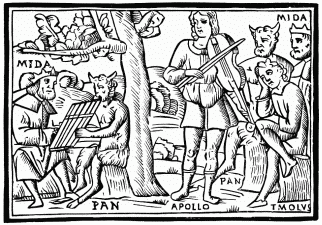 FIG. 19.—The Contest of Apollo and Pan. From Ovid’s
“Metamorphoses.” Venice, 1518 (design, 1497).